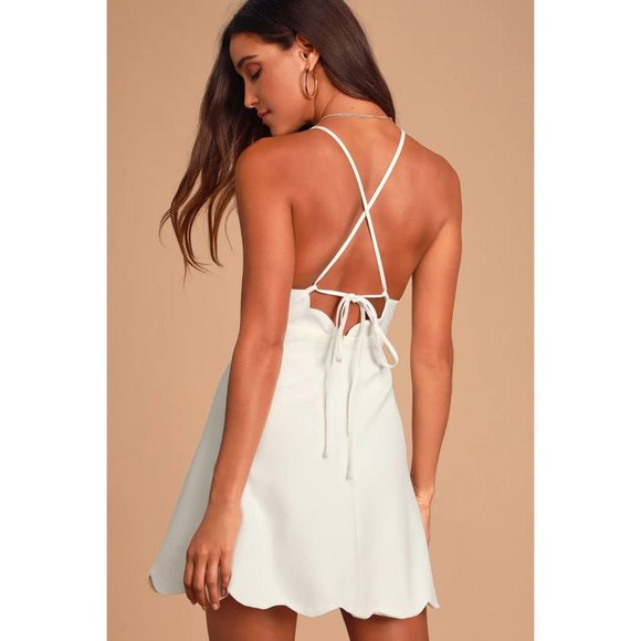 NEW Lulus Play On Curves Backless Strappy Mini Ivory Dress SMALL Scallop - Picture 3 of 8